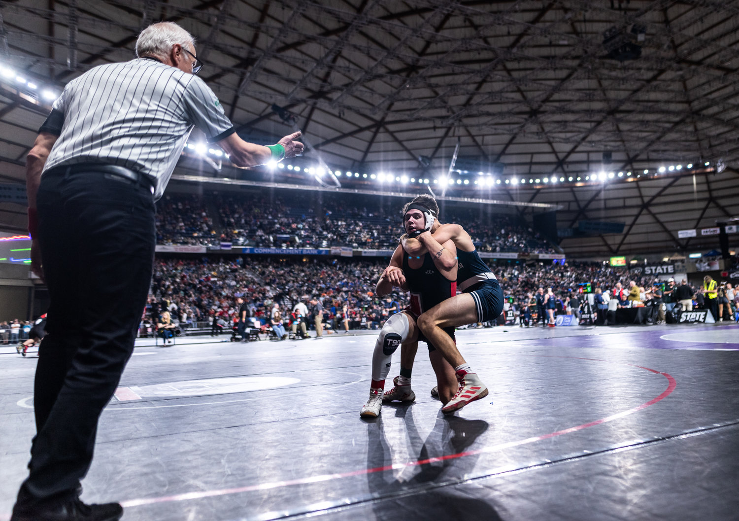 Tenino’s Kysen Knox, 170 pounds, competes at Mat Classic XXXIV on Friday, February 17, 2023, at the Tacoma Dome. (Joshua Hart/For The Chronicle)